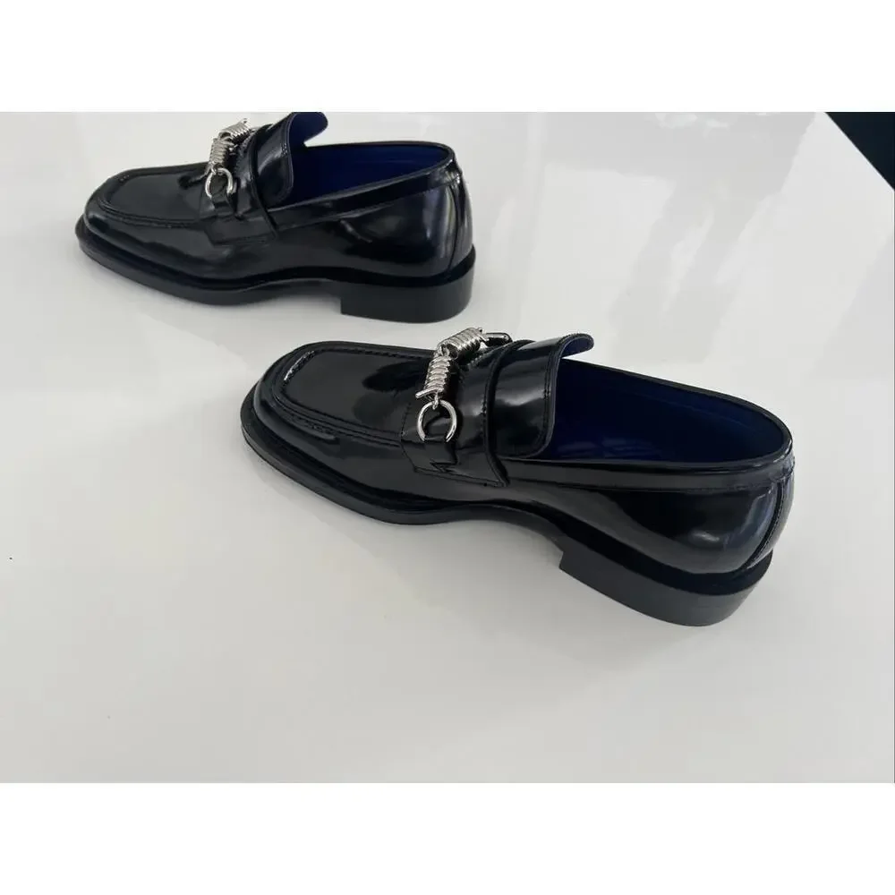 $990 Burberry Leather Barbed Penny Loafers Men's 39/6 Black Moc Toe Slip On